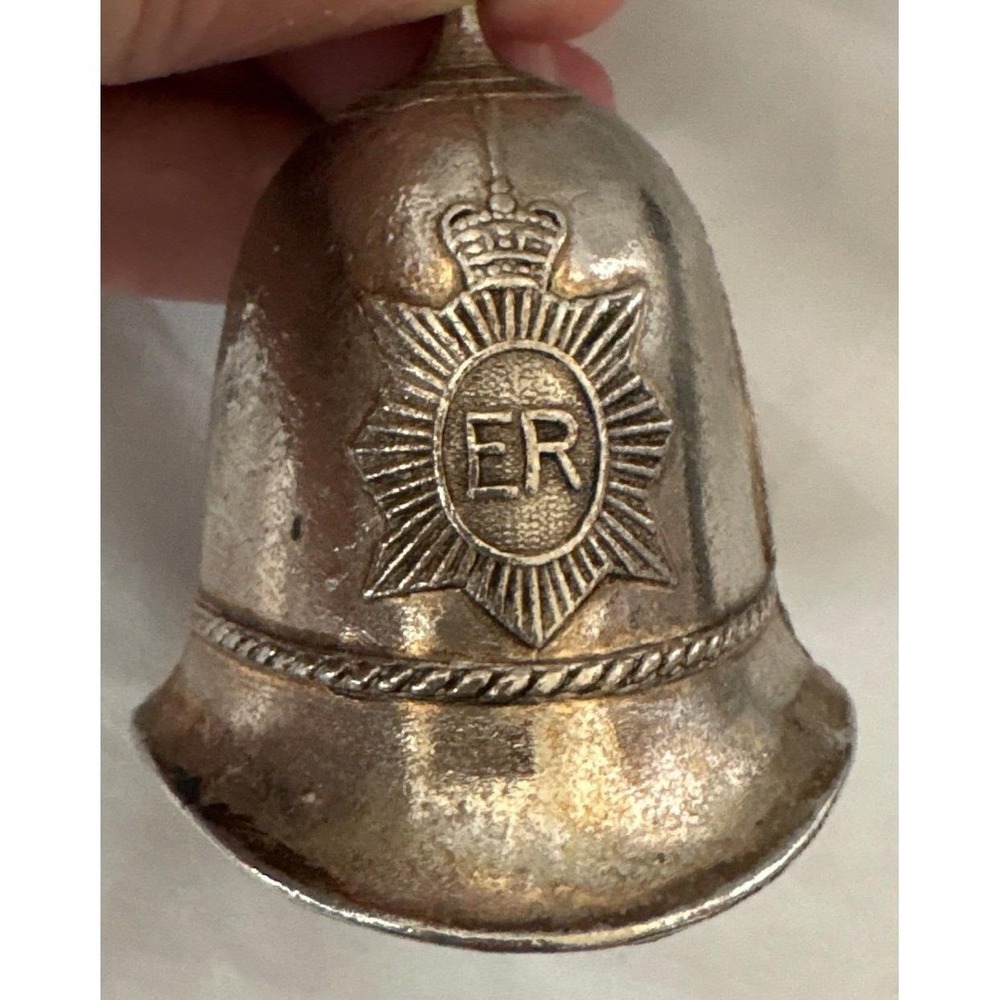 VTG British Bobby Police‎ Helmet Hand Bell ER Elizabeth Regina Silver Tone